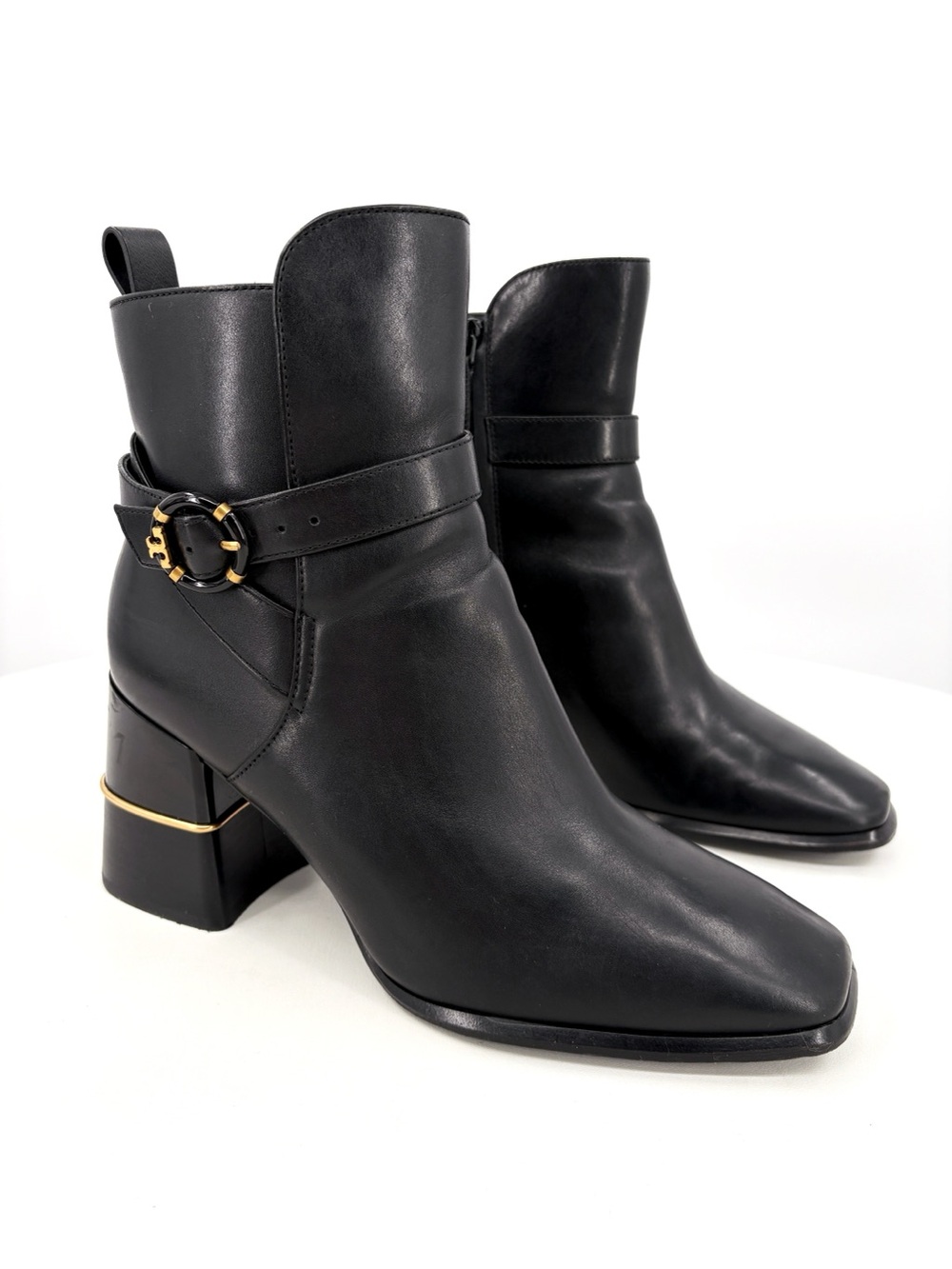 TORY BURCH Logo Buckle Square-Toe Ankle Boots in Black Leather 10 - Picture 4 of 14